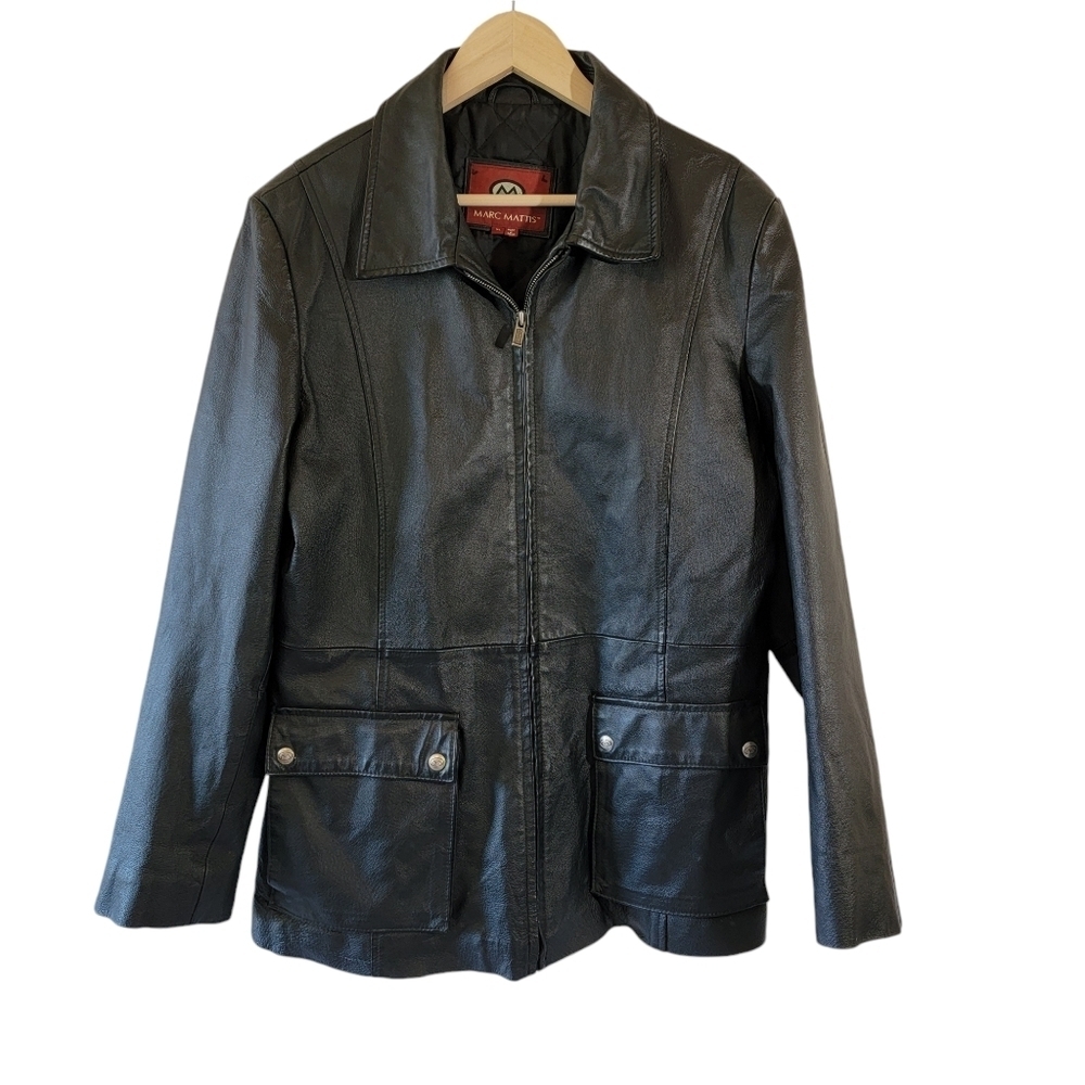 VTG MARC MATTIS Black Genuine Leather Full-Zip Jacket XL Pocket Goth Grunge